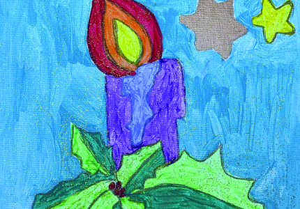 Ein weihnachtliches Bild mit einer Kerze und drei Sternen.