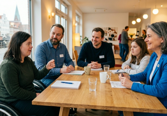Ein Gruppe von Menschen ist miteinander im Gespräch.